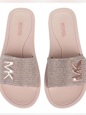 Michael Kors Glitter Logo Metallic MK Slide Sandals Women’s Size 10-10.5